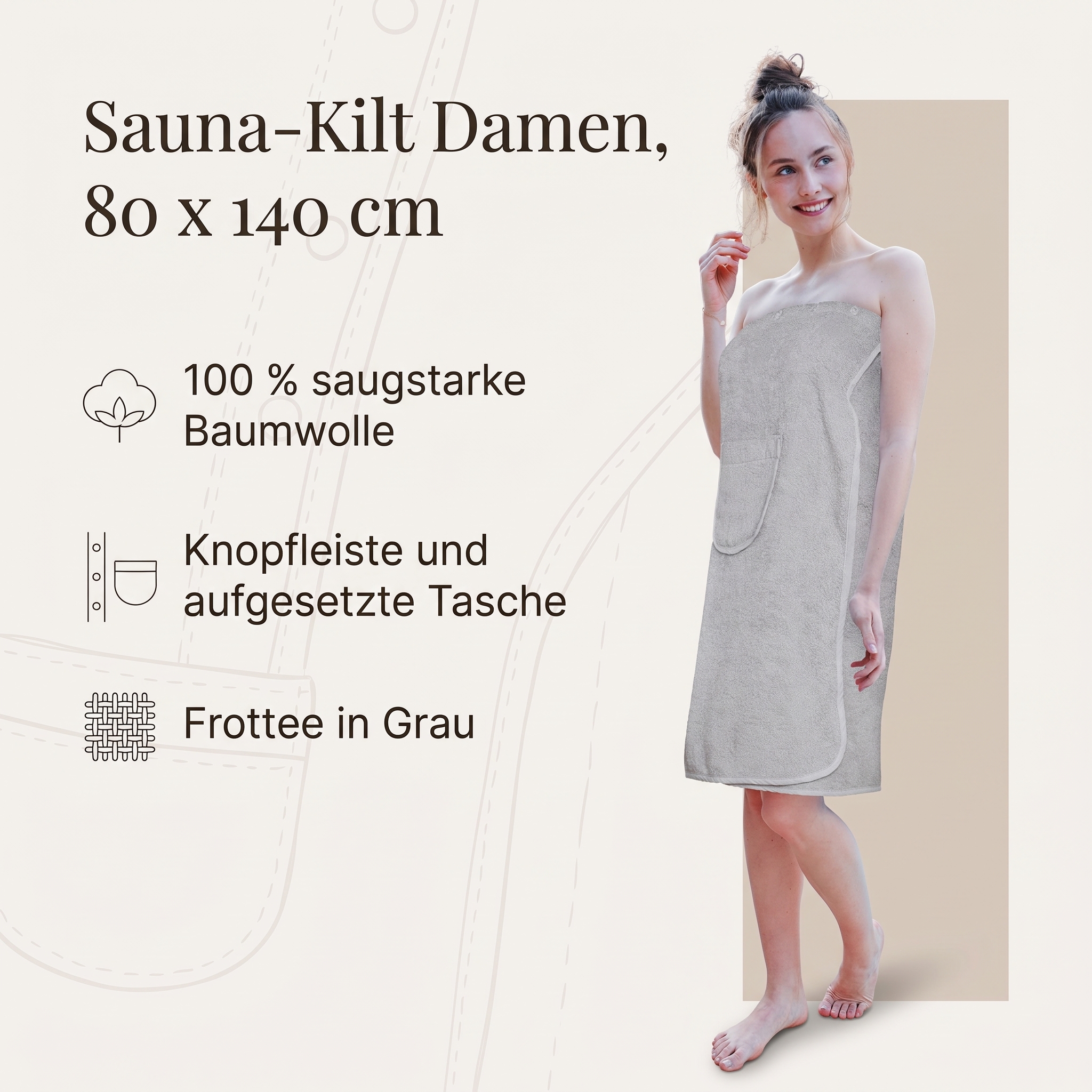 Sauna-Kilt Damen Gr. 80x140cm - Neue Farbe: grau Sauna-Kilt Damen Gr. 80x140cm - Neue Farbe: grau