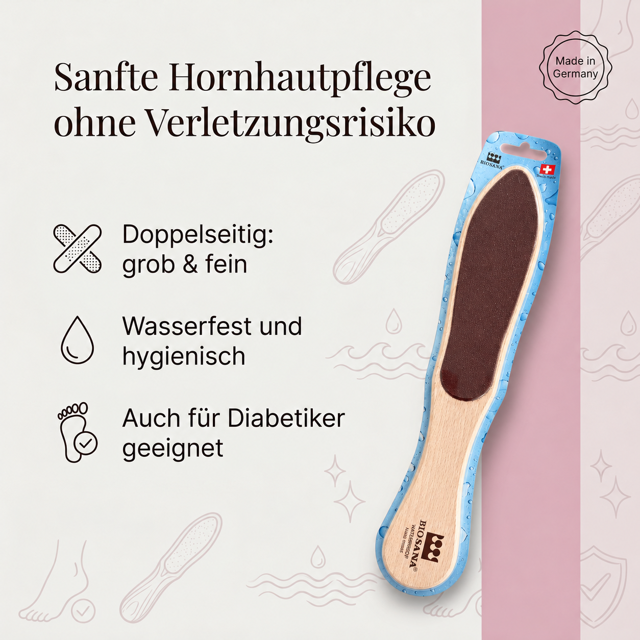 Hornhautfeile mit Holzgriff weiß wasserfest (z.Zt. holzfarben) Hornhautfeile mit Holzgriff weiß wasserfest (z.Zt. holzfarben)