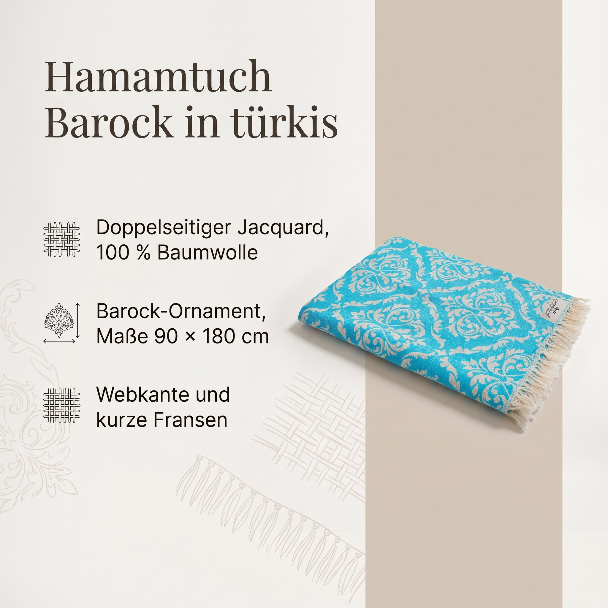 Hamamtuch Jaquard 90x180cm Optik Barock türkis Hamamtuch Jaquard 90x180cm Optik Barock türkis