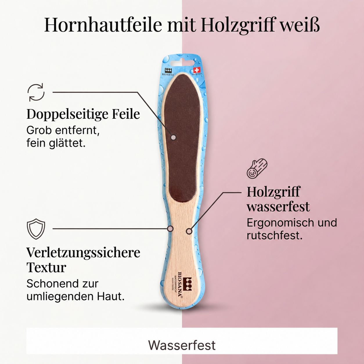 Hornhautfeile mit Holzgriff weiß wasserfest (z.Zt. holzfarben) Hornhautfeile mit Holzgriff weiß wasserfest (z.Zt. holzfarben)