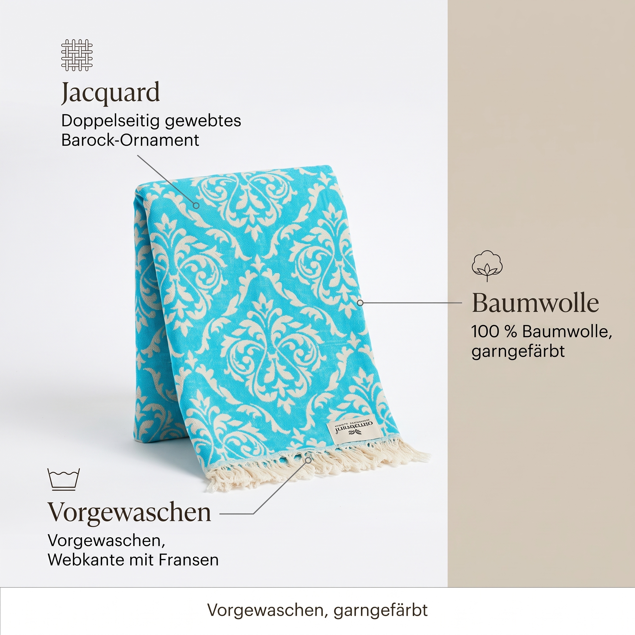 Hamamtuch Jaquard 90x180cm Optik Barock türkis Hamamtuch Jaquard 90x180cm Optik Barock türkis